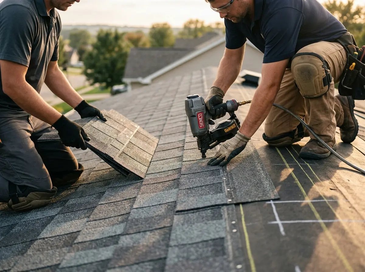 Professional roofer working on a residential roof in Big Flats